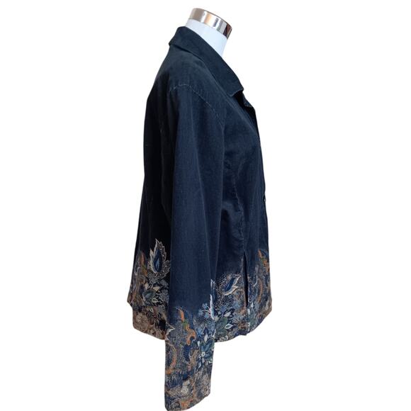 CHICO'S 2 Artsy Corduroy Jacket L Black Lined Pockets Painted Plants Leaves - Picture 4 of 10